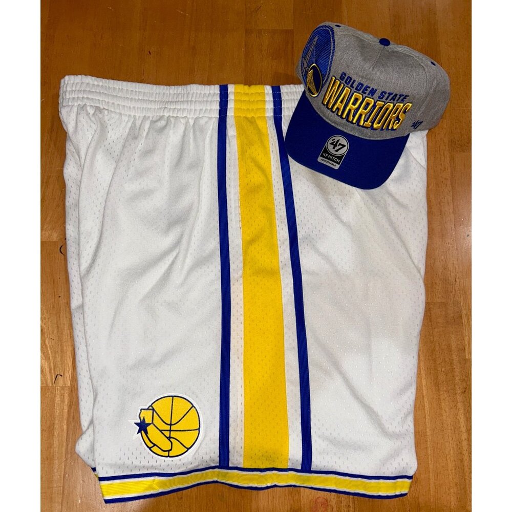 NWT BUNDLE 4X 90s Golden State Warriors Mitchell &Ness Shorts & 47 Hat $120 MSRP